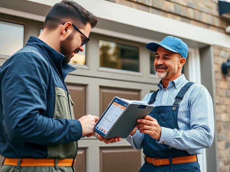 Homeowner and contractor discussing financing options for garage door installation