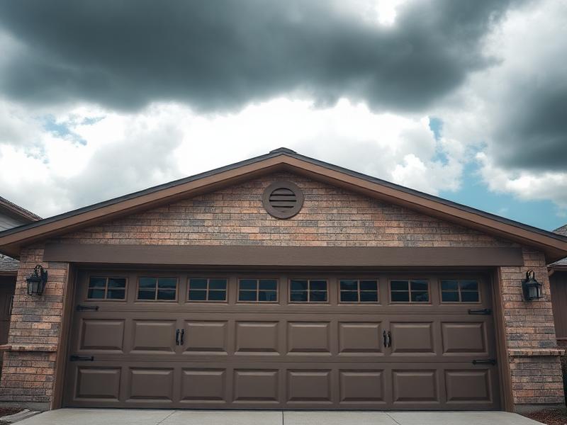 Garage door with storm clouds approaching showing importance of storm preparation