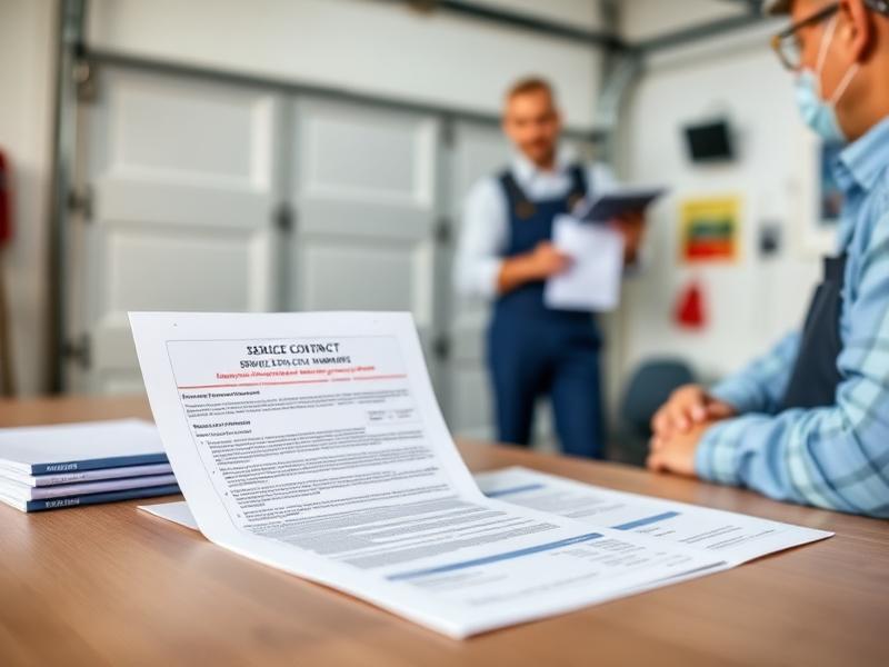 Garage door warranty documentation and service contract on desk