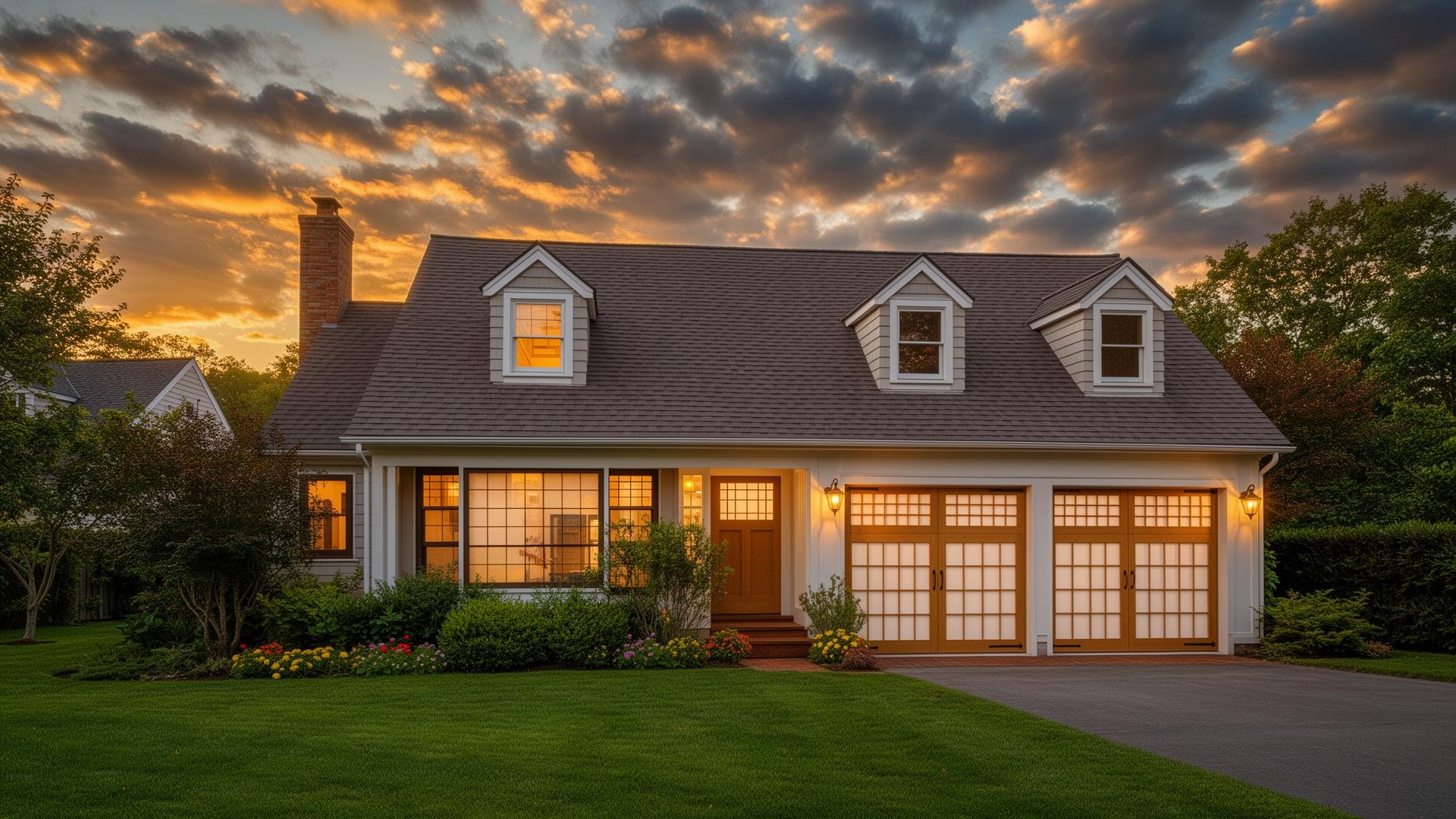 Beautiful Cape Cod cottage with Asian inspired garage doors featuring shoji screen panels at twilight in Vass NC
