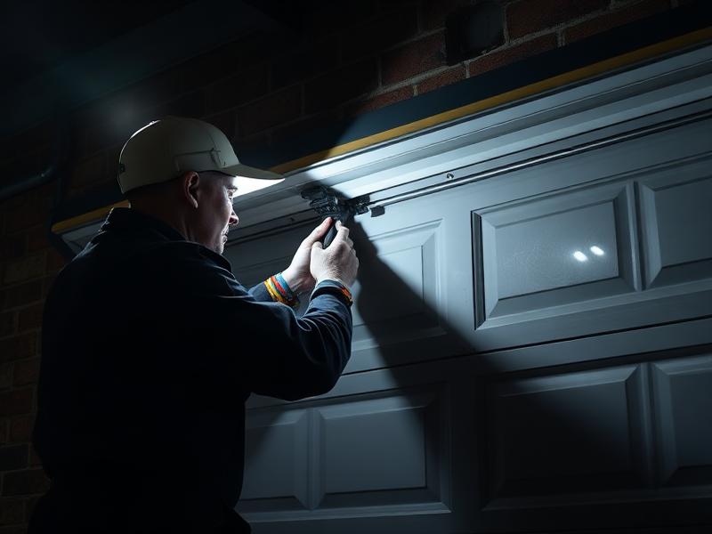 Emergency garage door repair service at night with technician fixing broken door