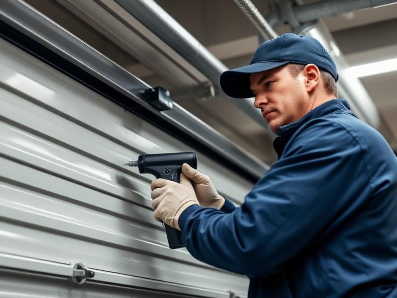 Professional garage door maintenance service technician lubricating springs and tracks