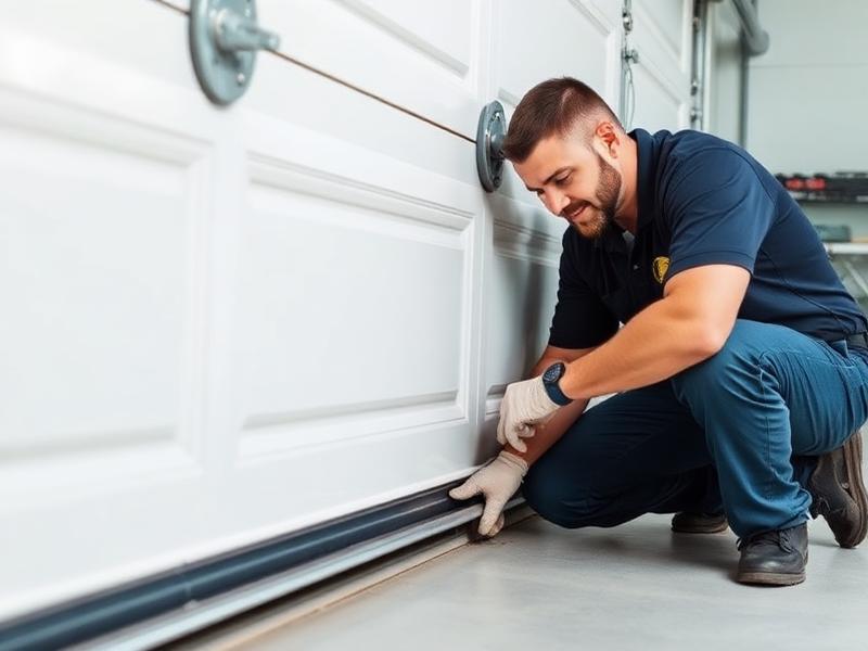 Professional technician installing weatherstripping at bottom of garage door